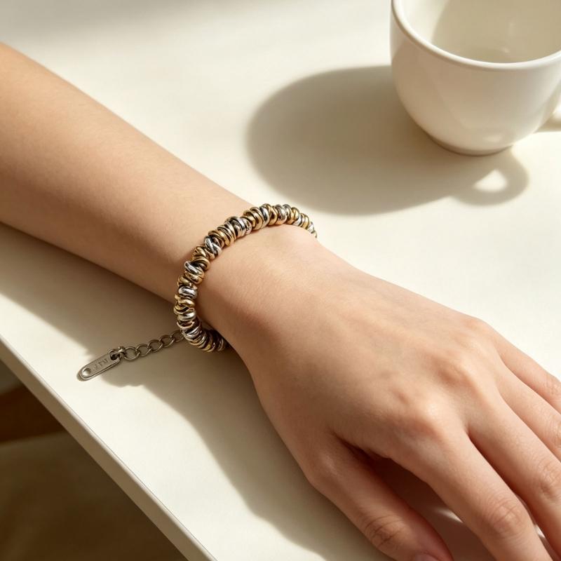 Retro Chain Bracelet in Stainless Steel with Lobster Clasp, Rounded Bead Links and Casual Daily Wear Looks for Styling