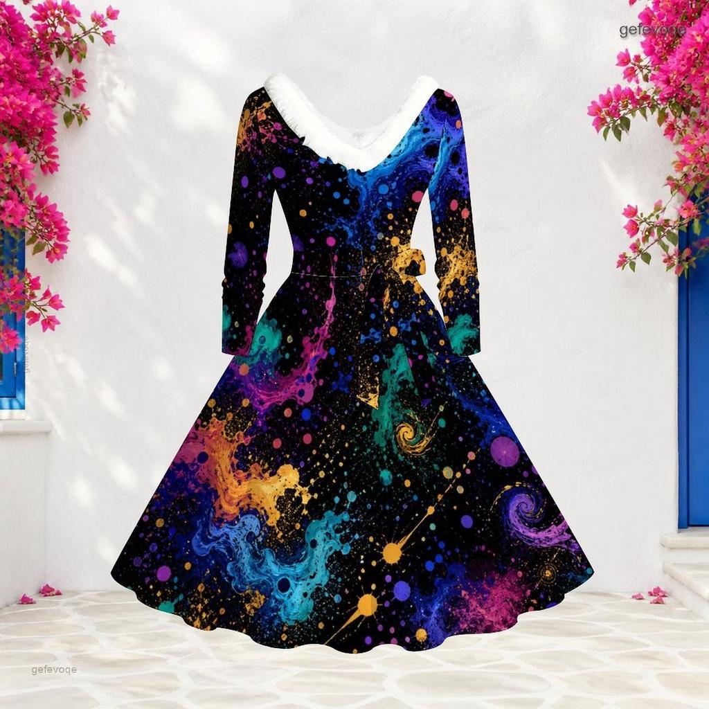 Women Plus Size V Neck Furry Trim Long Sleeve Rainbow Tie Dye A Line Dress
