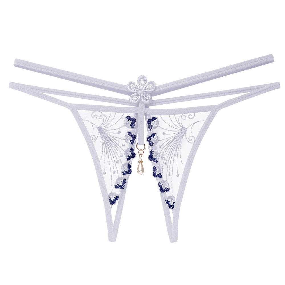 Want To Tie Julie * Embroidered Lace Open Panties Women's Erotic Beads Transparent Seduction Low Waist Free Thong