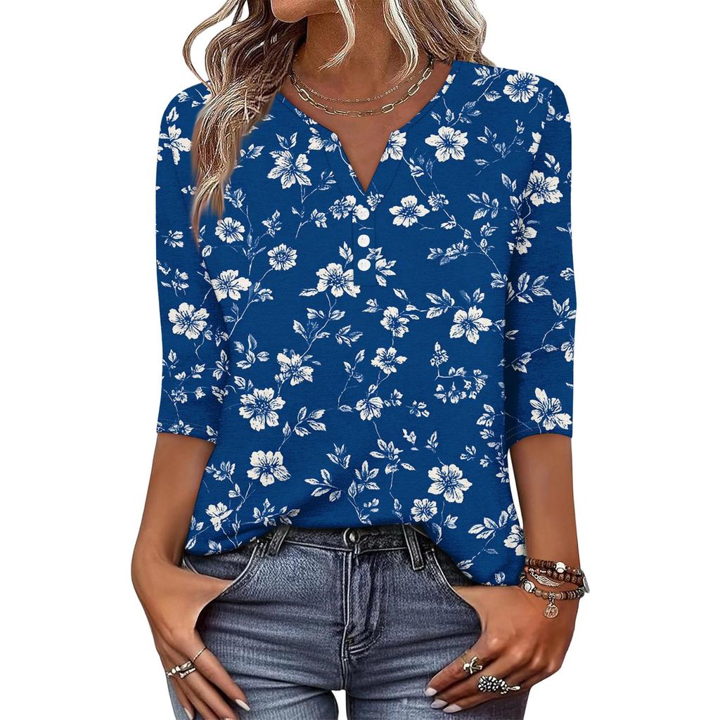 Women's Fashionable Casual Retro Floral Print V-Neck Button-Down Three-Quarter Sleeve T-Shirt Top