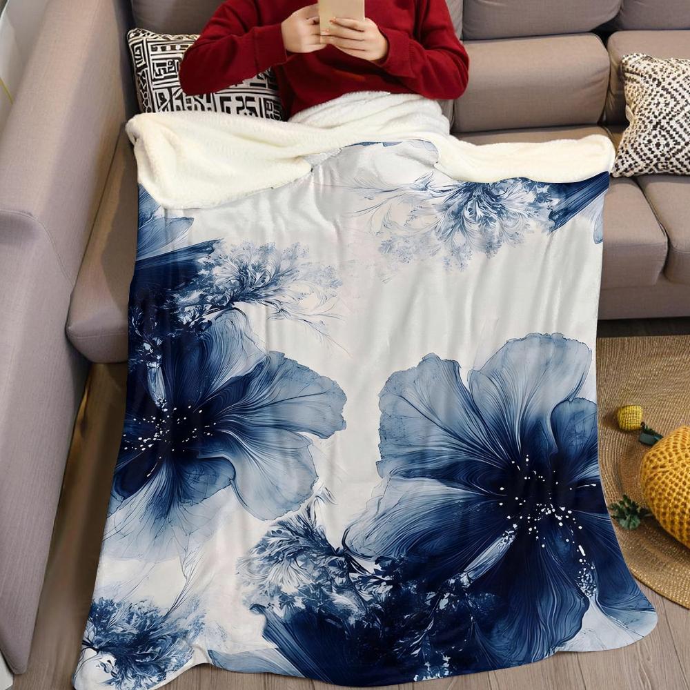 Indigo Floral Art Flannel Blanket Warm Soft Halloween Christmas Couch Warm Cozy Decorative Decor Gift for All Season