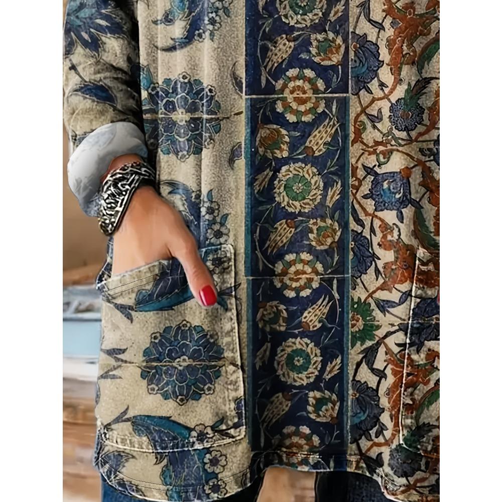 Large size women's pocket long-sleeved T-shirt, ethnic print versatile top, excluding accessories