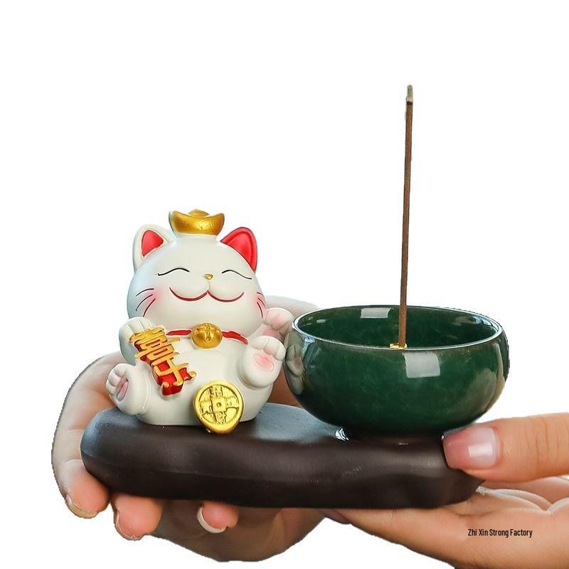 Creative Lucky Cat Incense Holder and Burner Plate for Indoor Decoration