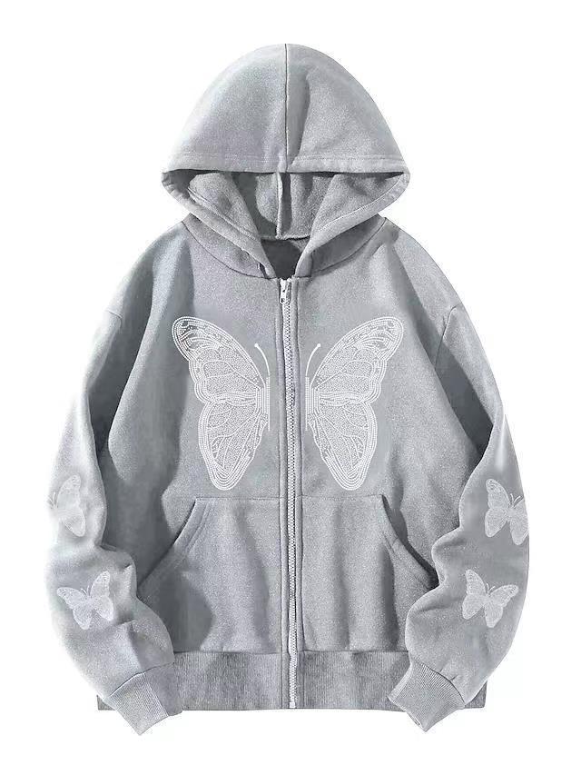 

Осенняя уличная одежда Y2K, большие толстовки на молнии с готическим принтом бабочки в готическом стиле и принтом E-girl, толстовки 90-х годов, пальто, толстовки L светло-серый