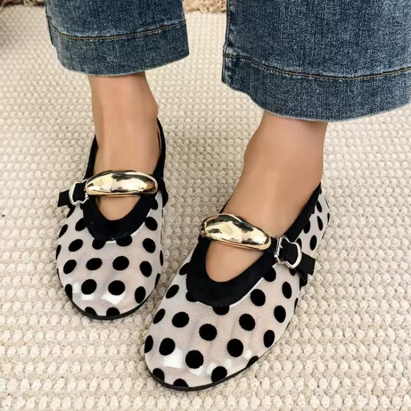 Damskie Letnie Retro Buty Mary Jane w Kropki: Czółenka na płaskim obcasie, z okrągłym noskiem, z pojedynczym paskiem, wiązane