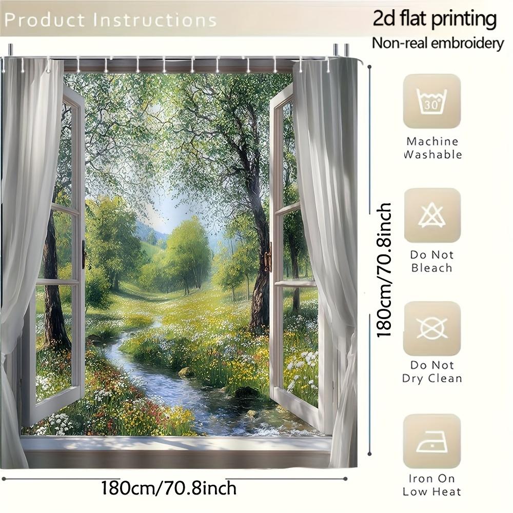 2D Flat Window Illusion Illustration Shower Curtain 1Pc With 12 Hooks For Bathroom Home Decor Polyester 70.8X70.8 Inch