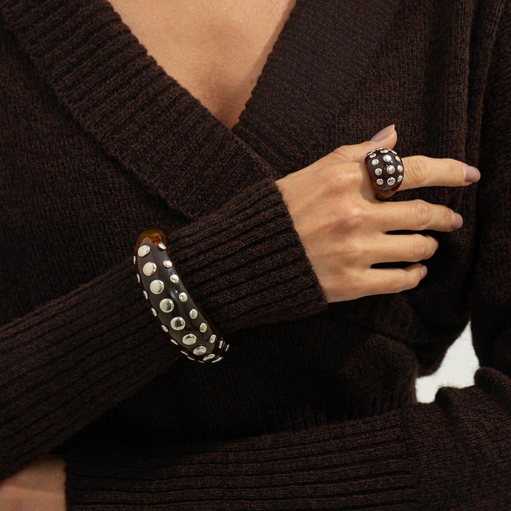 Salircon Punk Creative Rhinestone Rivet Chunky Bracelet Ring Set Women Vintage Stackable Wide Resin Bangles Grunge Jewelry Gift