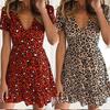 V-Neck Short Sleeve Waist Tight Mini Dress Sexy Leopard Print Women Dress Female Clothing