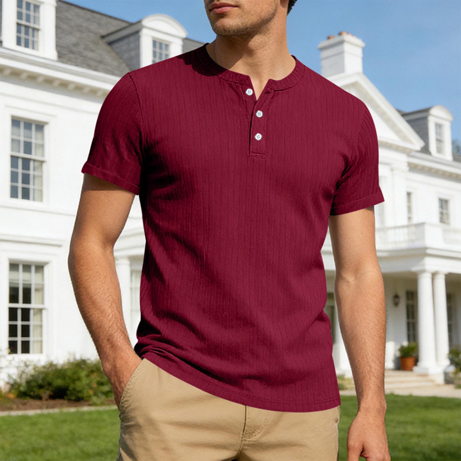

Men S Casual Short Sleeved Stand Up Collar Fashionable Shirt Top L винний