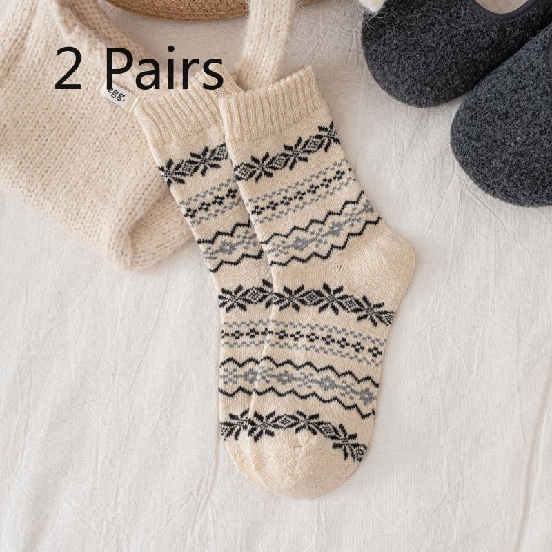 2 Pairs of Autumn-winter Retro Fair Isle Snowflake Wool Socks - Children's Mid-calf Socks, Thick and Warm, Versatile and Suitable for All Occasions.