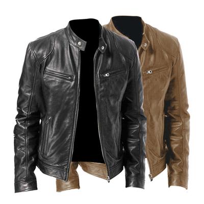 Jednokolorowe zapięcie na zamek błyskawiczny Męska kurtka Faux Leather Stand Collar Wiele kieszeni Motocyklowa wiatrówka Odzież wierzchnia