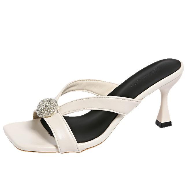 Open-toed slippers female rhinestone fairy sandals 2025 summer models are not tired of high heels fashion lazy half-heel