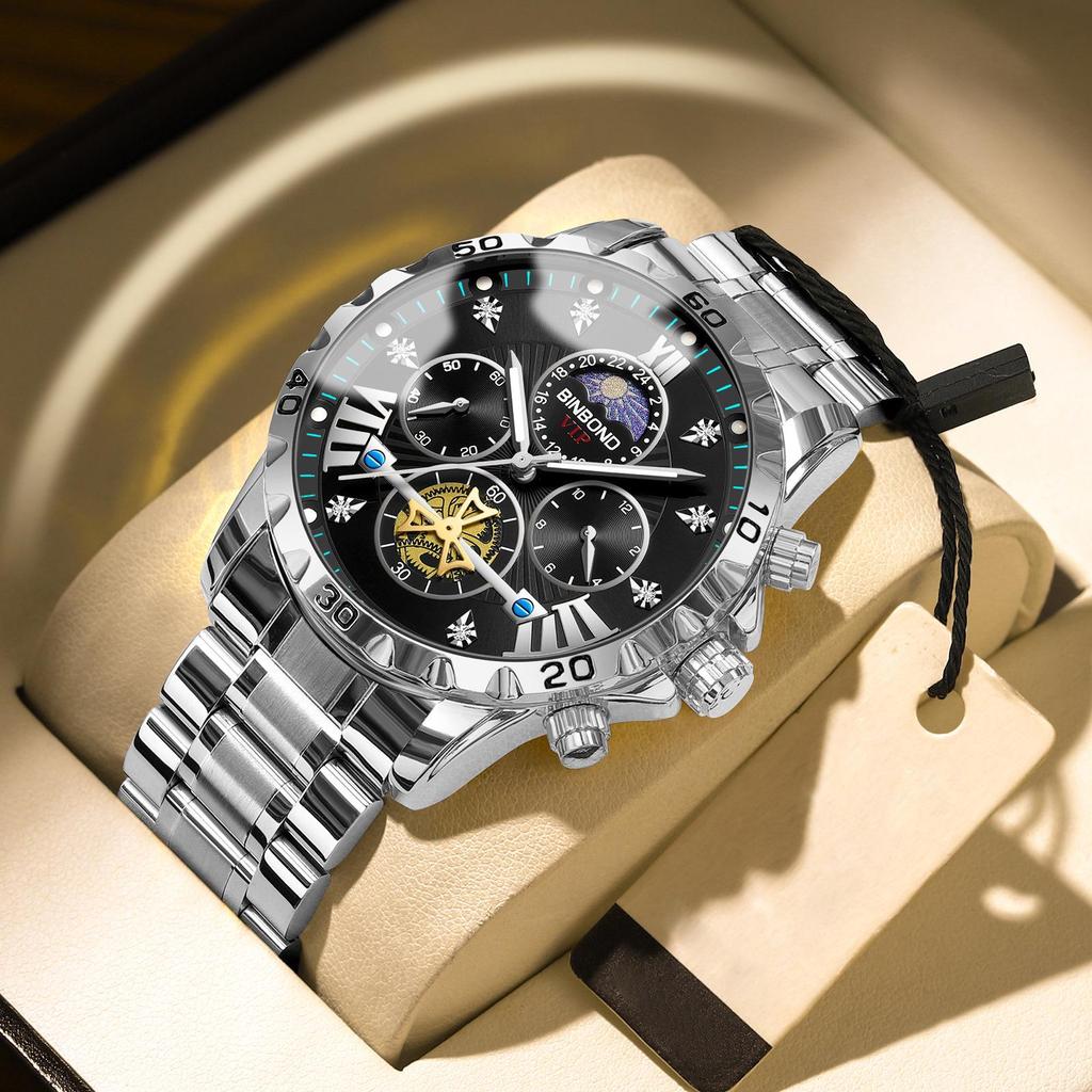 Binbang BINBOND Men's Luminous Waterproof Quartz Flywheel Watch - Genuine Business and Student Style, High-End Design.