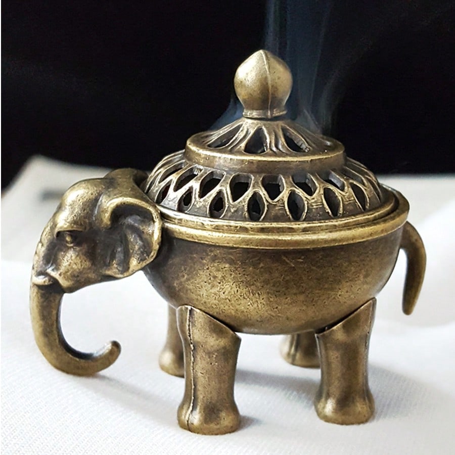 Animal Incense Burner, Elephant Incense Burner with Lid, Metal Incense Burner, Ash Collector, Home/Office Decor, Vintage Cone Incense Burner Baby Elephant