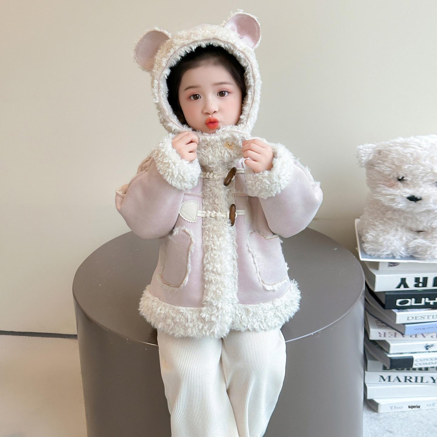 

Girls Hooded Faux Fur Shearling Coat - 2025 Autumn/Winter Fashionable Thickened Sweater Top 100 cm рожевий