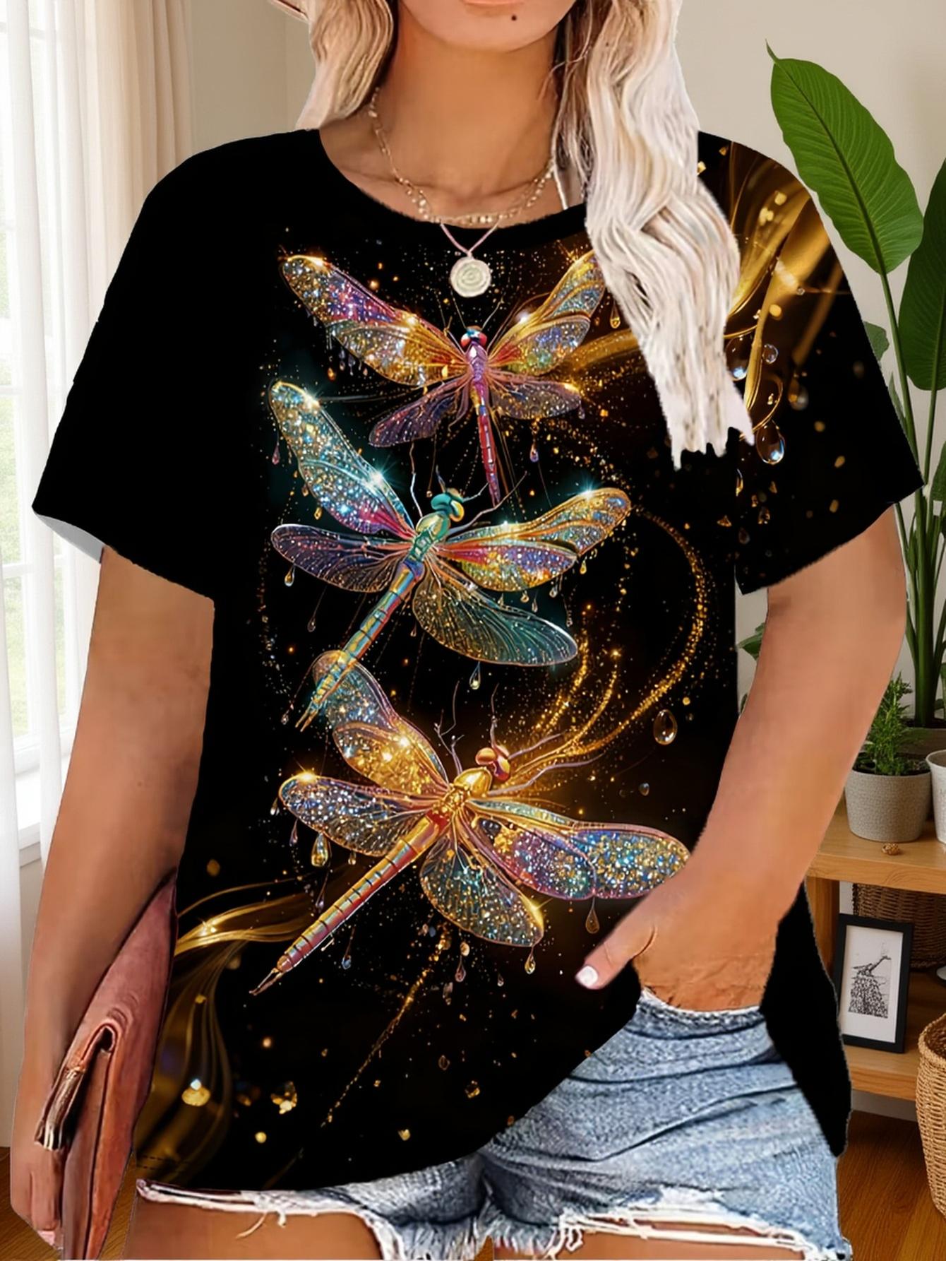 

Plus Size. Women s Plus Size Luxury Dragonfly Print T-Shirt - Oversized Short Sleeve Round Neck Top with Golden Drill ; Metallic back. Casual Summer B 2XL дубильна кора