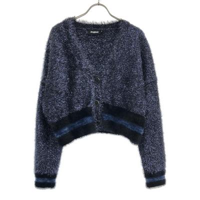 Border Long Sleeve Lame Fur Cardigan S Navy System Women Used