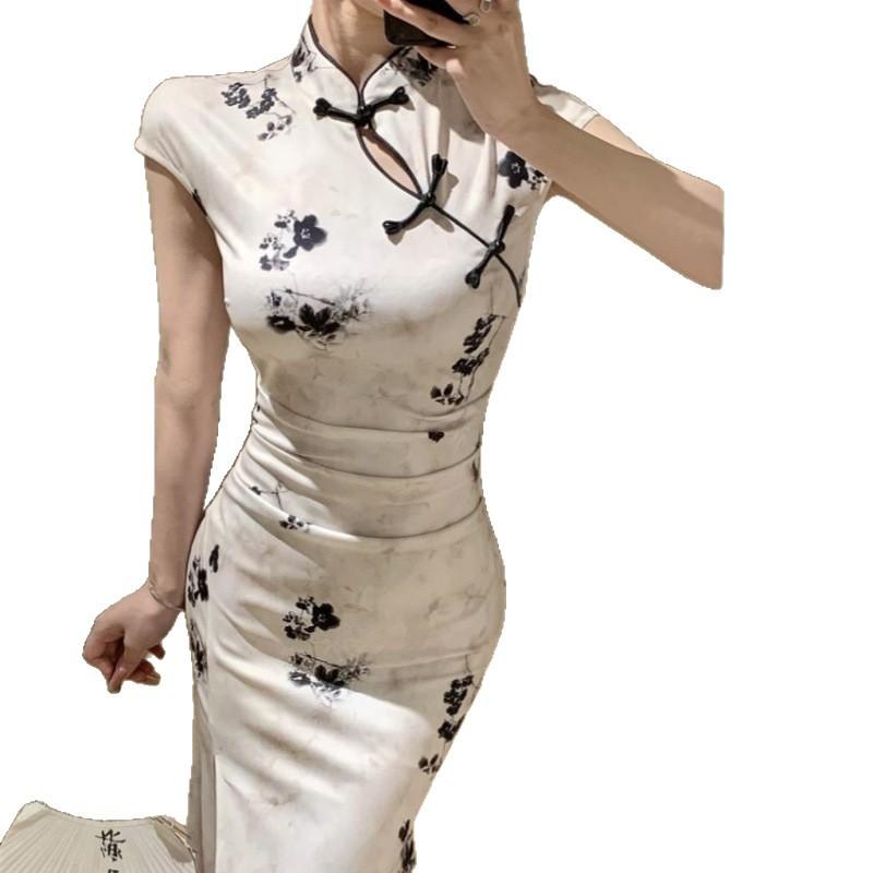 New Chinese style national style waist and thin *** stand neck split fork high-end elegant cheongsam slim long hip wrap dress