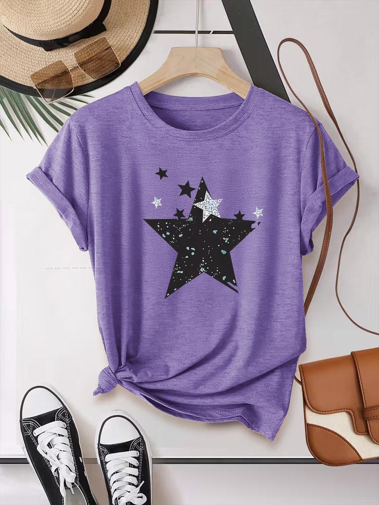 Summer Short-sleeved Star-shaped Printed Fashionable Street All-match Casual Sports Top Round Neck