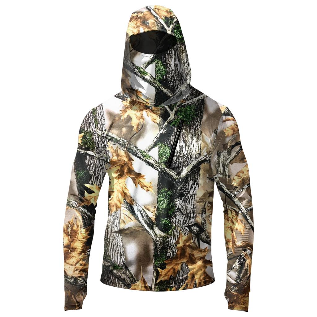 Men's Casual Long Sleeve Hoodie Lightweight Sun Protection Jacket Leaf Camouflage Print Outdoor Sportswear with Hood and Zipper Pocket
