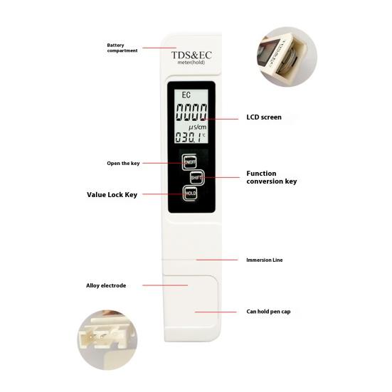4-in-1 TDS Water Quality Test Pen Digital Display High Precise Portable Battery Powered Multi-Function Digital Water Purity Tester