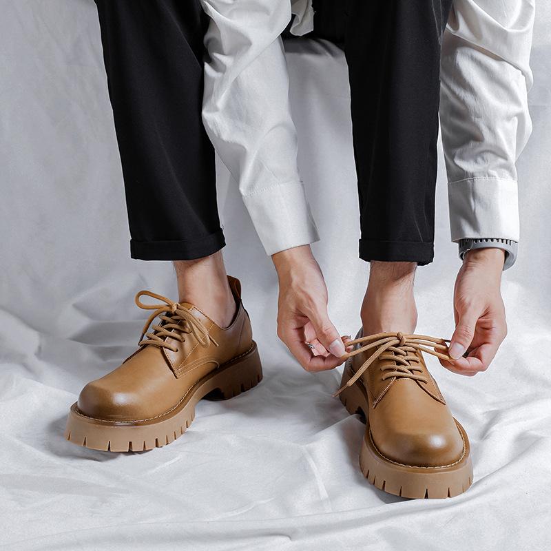 Men'S Leather Shoes British Suit Platform Casual Shoes Dress Business Black Height Increasing Low Top Martin Boots 25820-F