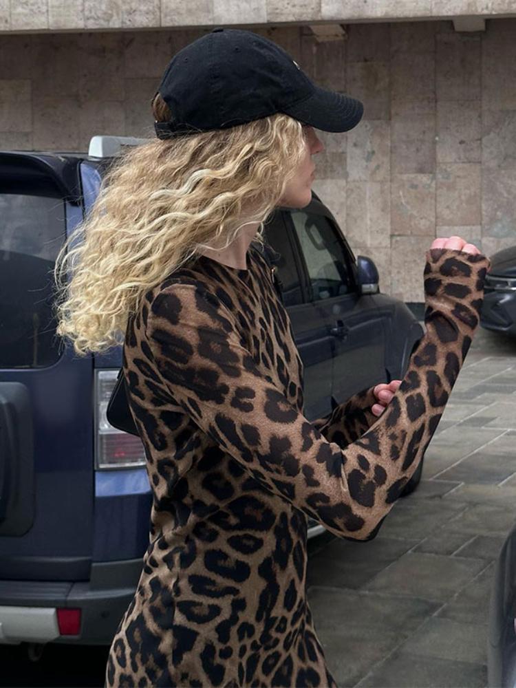 New Sexy Leopard Print One Piece Dress Women Casual Simple Round Neck Vintage Slim Clothing Female Fashion Design High Street Mini Dresses