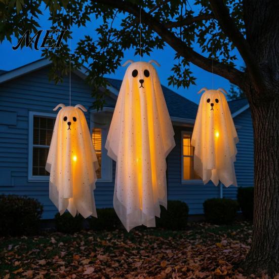 Playful Ghost for Indoor Parties 3 Pcs Lighted Dog Hanging Ornaments, Spooky Halloween Outdoor Flying Floating Decor Gauze with LED Light Tree
