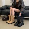 Western cowboy boots women's new summer khaki retro belt buckle thick heel medium tube boots stacked short boots