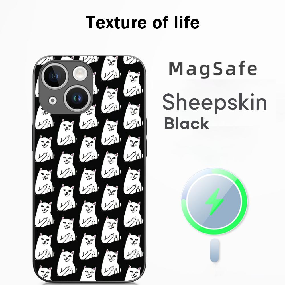 Fashion hip hop middle finger cats ins Phone Case For iPhone 16 15 14 13 12 11 Plus Pro Max  High-end Luxury Magsafe Sheepskin