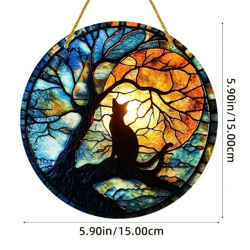2D Flat Black Cat Round Acrylic Decoration Sign, Home Decor Plaque Hanging Wall Art Decorative Garden Decoration for Room Door Signs Hanging Square Li