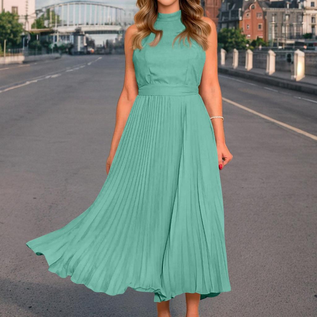 Women's Fashionable Solid Color Sexy Sleeveless Stand Up Collar Pleated Dress Party Dress