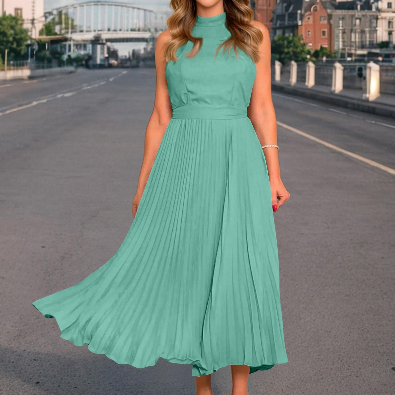 

Женское Модное Цветное Сексуальное Платье Без Рукавов С Воротником-стойкой Плиссированное Платье Вечернее Платье L светло-зеленый