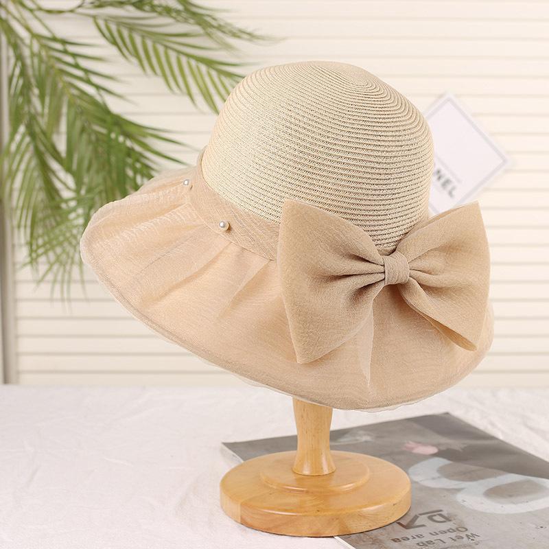 Summer Seaside Sunscreen Straw Hat Women's Big-brimmed Sun Hat Showing Face Small Bucket Hat Pearl Bow Beach Hat