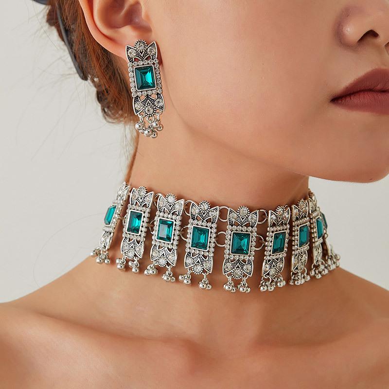 Modisches Retro Edelstein Geometrisches Halsketten- & Ohrring-Set