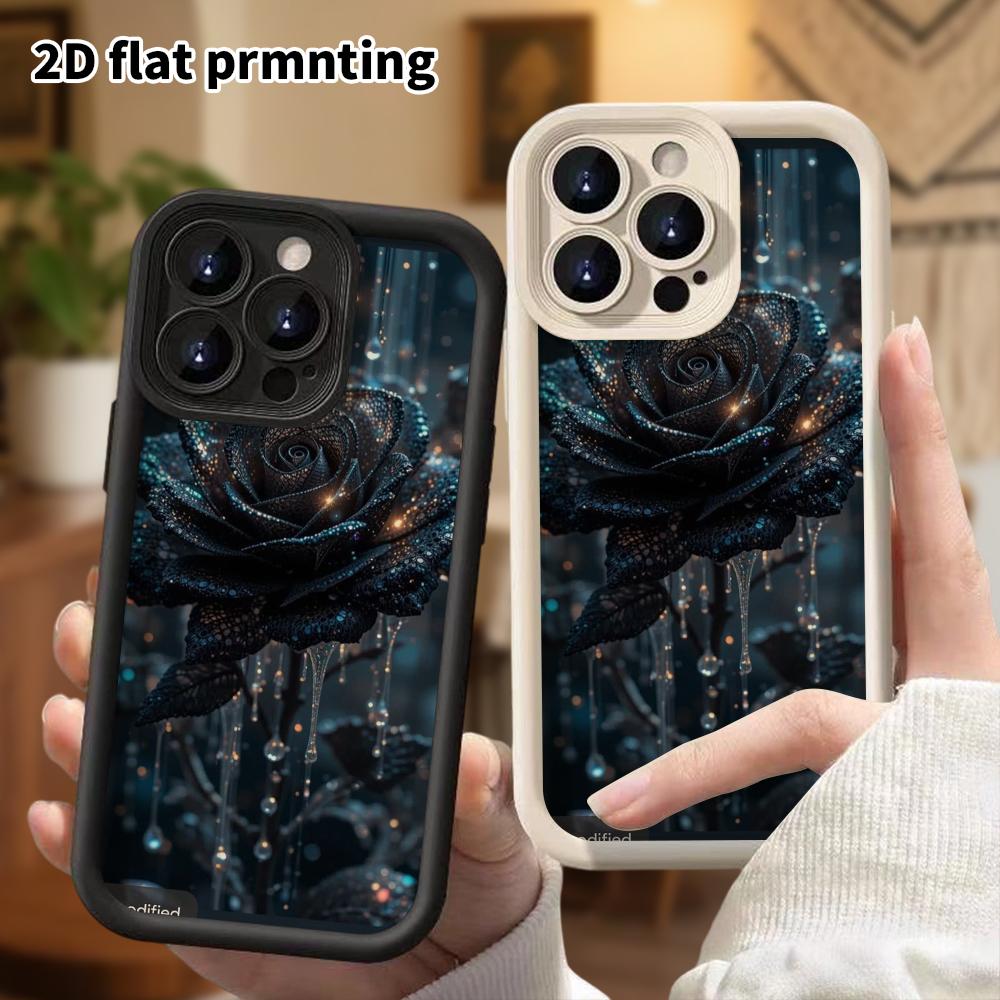 Phone Case: 2D Flat Design Suitable for iPhone 18 17 16 15 14 13 Pro Stepped Protective Case, Hollow Black Rose, Christmas and Halloween Gift