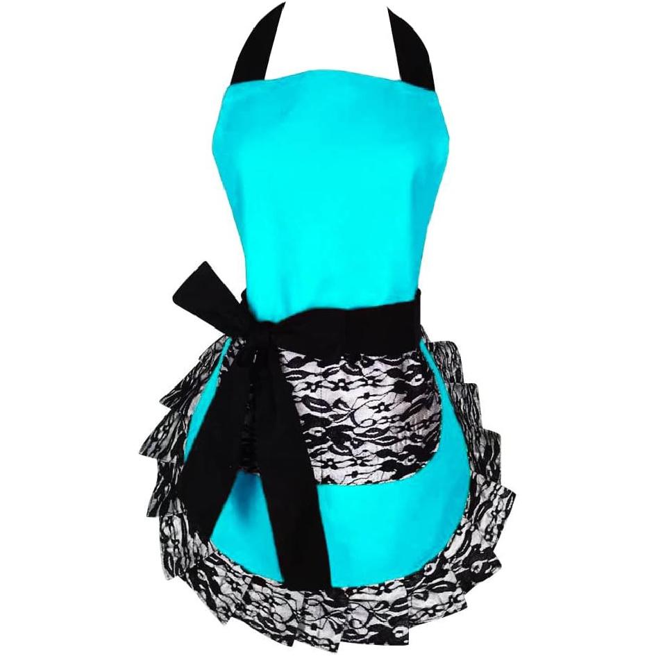 Black Lace Flirty Apron with Pocket, Fun Retro Sexy Cooking Pinup Aprons for Women Girls
