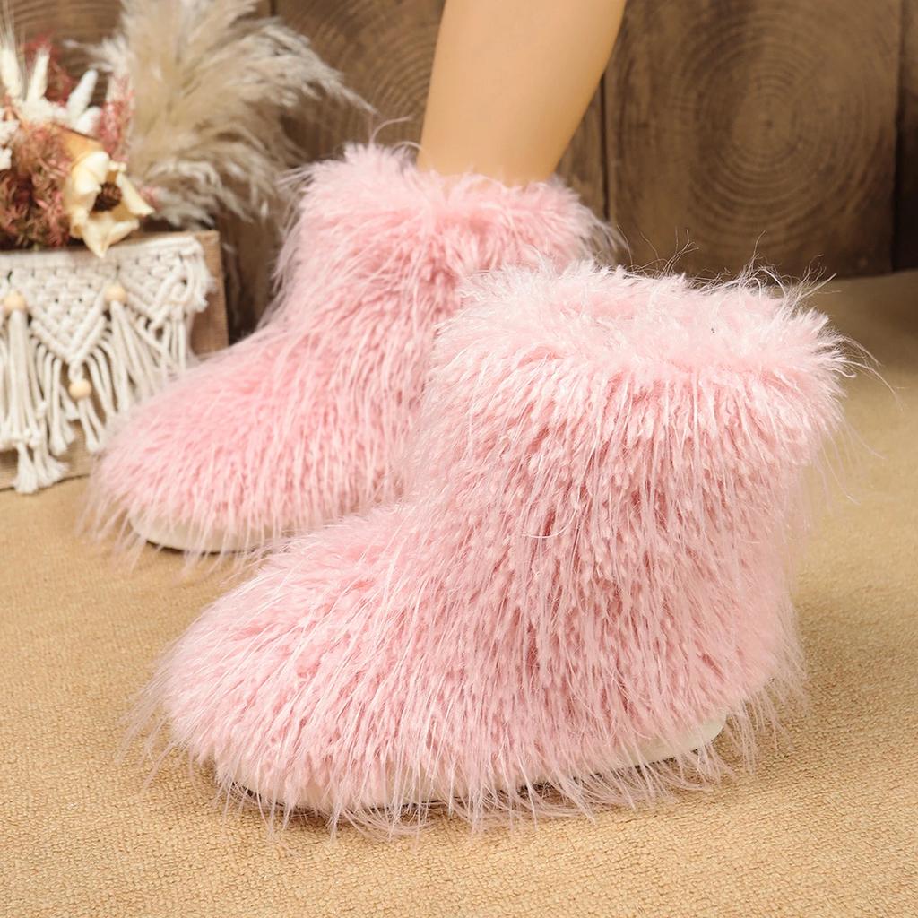 Modne Damskie Kozaki ze Sztucznego Futra Zimowe Puszyste Pluszowe Ciepłe Kozaki Śniegowce do Połowy Łydki Luksusowe Modne Futrzane Kozaki Wygodne Płaskie Buty Outdoor