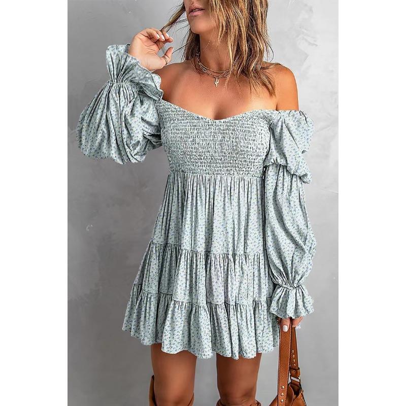 YYFS Women's Fashion Spring Fall Solid Color Print Long Sleeve One Shoulder Middle Waistline Casual Dresses