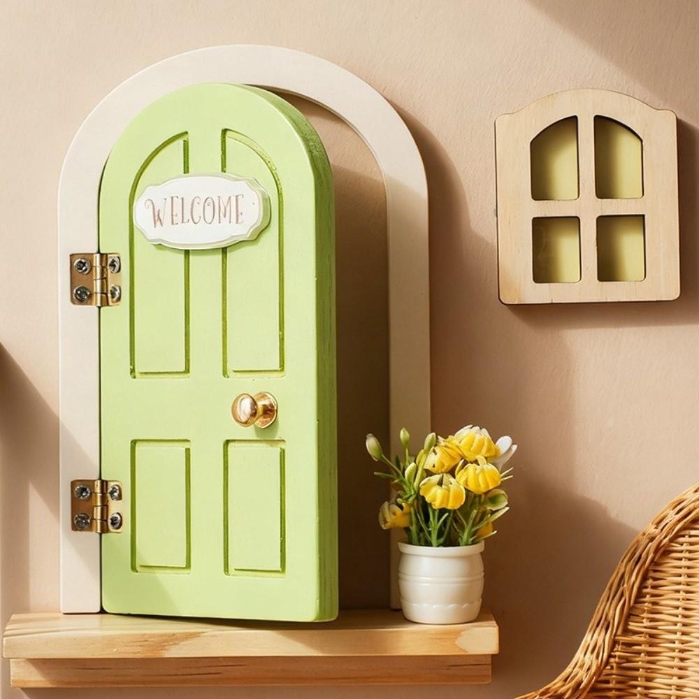 Simulation Balcony Wooden Fairy Elf Door Set Mini Craft Ornaments Fairy Door Fairytale-Style Room Wall Decor Dollhouse Elf Door