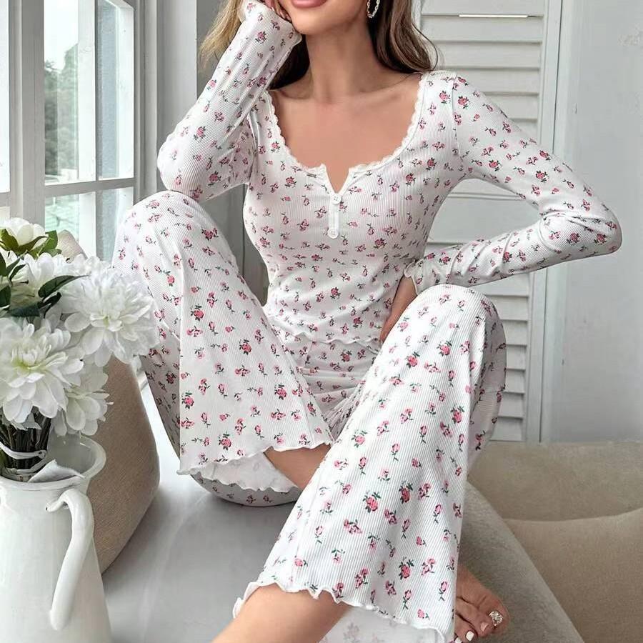Completo Sexy da Notte da Donna in Pizzo con Pantaloni Floreali a Manica Lunga, Set Due Pezzi Casual Slim Fit
