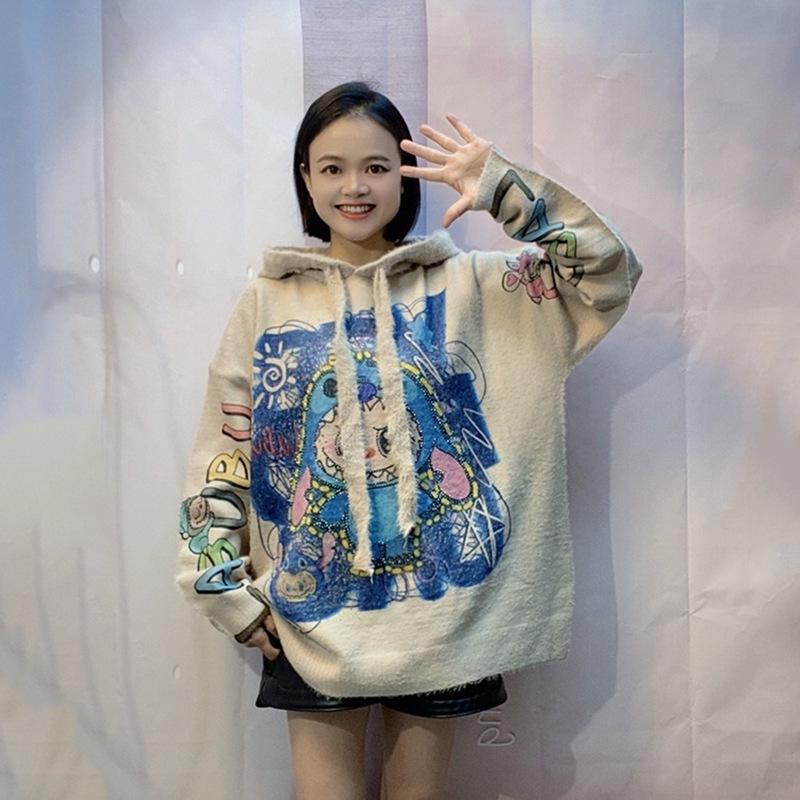 European Plus Size Mink Cashmere Cartoon Hoodie Sweater - Women’s Soft, Thick, Loose Fit with Hot Drilling Design.