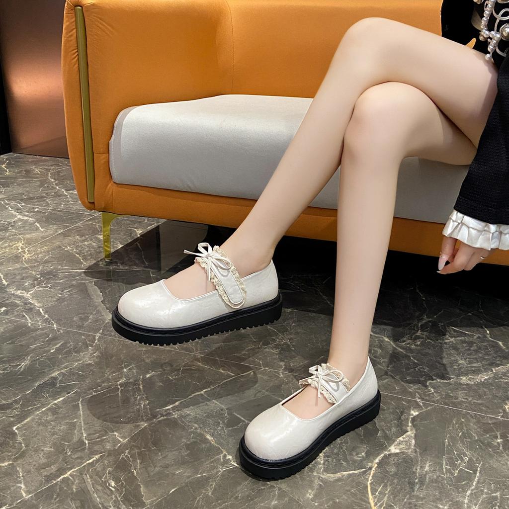 College style round head bow small leather shoes women's spring and autumn new retro Velcro versatile Mary Jane shoes