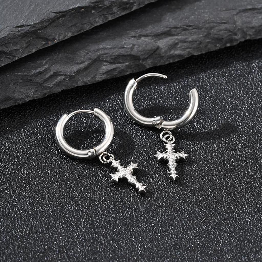Punk Thorns Cross Hoop Earrings for Men Women,Anti Allergy Stainless Steel Metal Huggies,Waterproof Piercing Jewelry