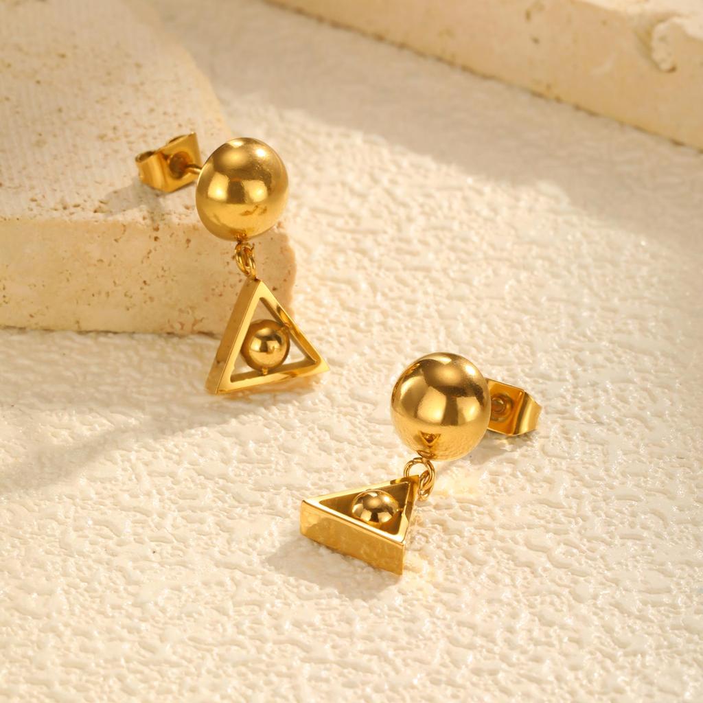 Stainless Steel Round Bead Earrings for Women, Triangle Pendant Earrings,Fashion Jewelry Gifts