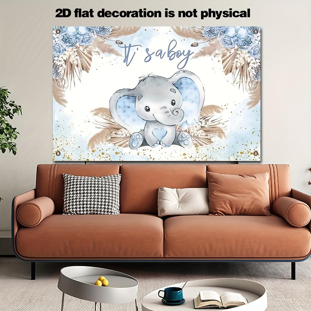 1 Piece of 2D Flat Banner - Bohemian-style Elephant Shower Backdrop Fabric - Blue Reed Grass Theme