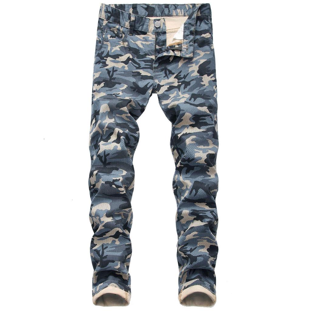 Men's Slim Fit Camouflage Print Stretch Jeans - Military Green Casual Trousers