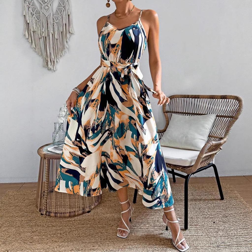 2026 Amazon cross-border new women's clothing printed lace-up neck sleeveless dress European and American summer waist dress