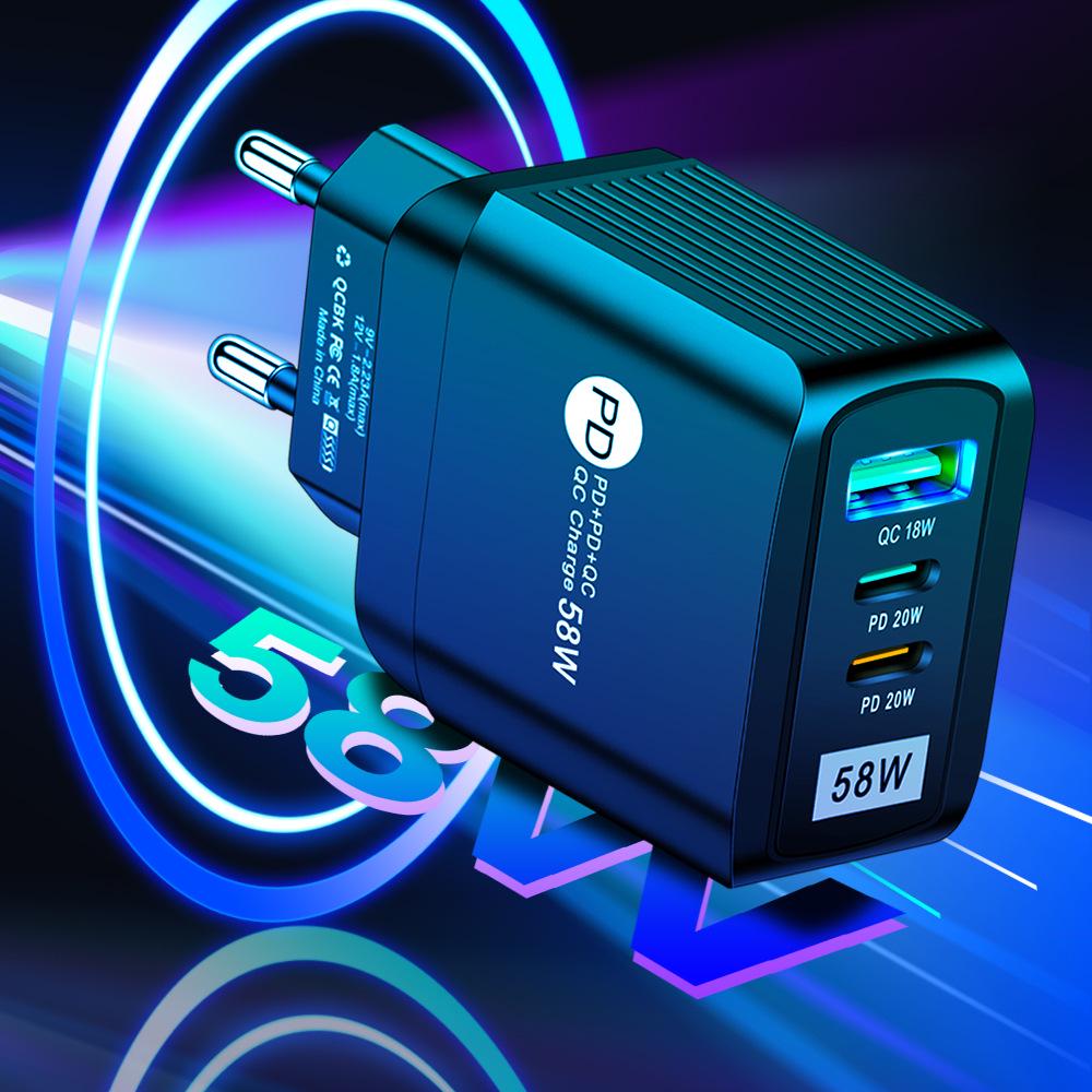 58W Multi-Standard Fast Charger with USB and 2PD for EU/US/UK/KR/AU
