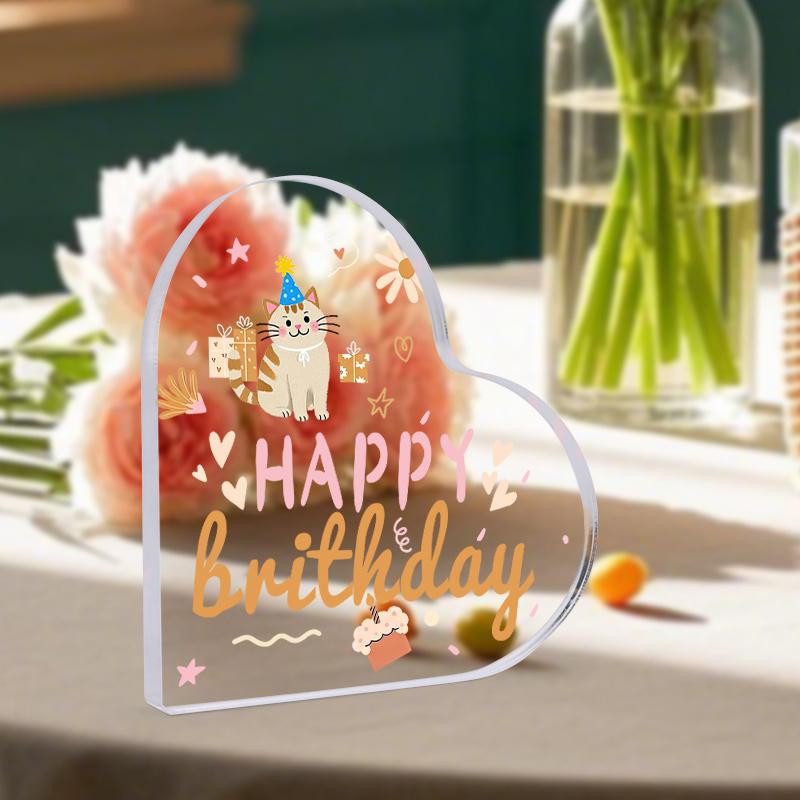Happy Birthday Acrylic Decoration - Transparent Heart-Shaped Party Decor with Cute Cat, Stars & Confetti Design, Perfect Gift for Birthdays, Festive A